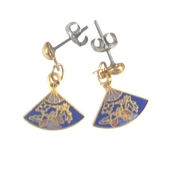 Gold & Blue Fan-Shaped Dangle Earrings With Floral Enamel Design - Picture 2 of 7